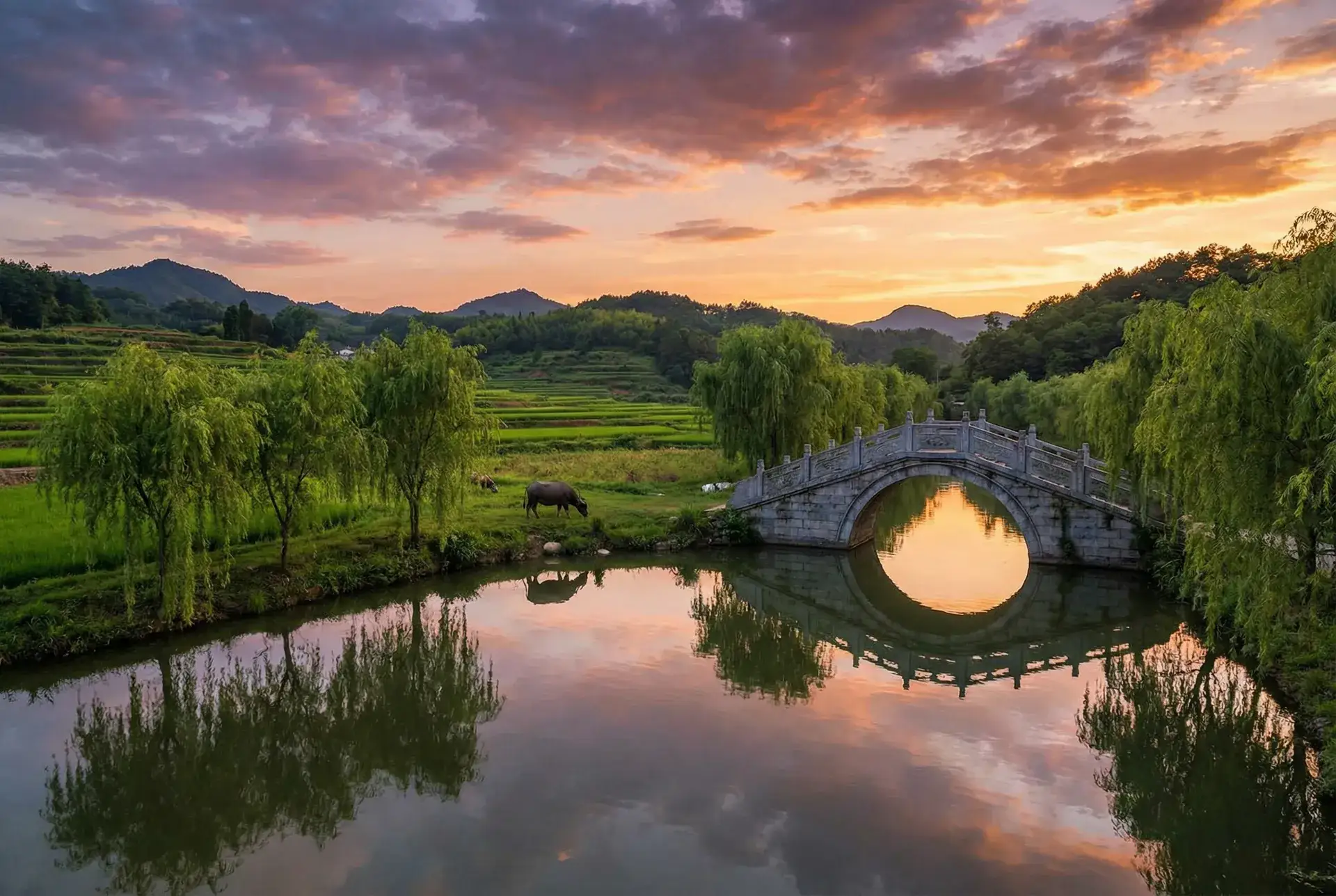 夕阳下的石拱桥与垂柳，水牛在河边吃草 - yy6900私人影院 乡村美景